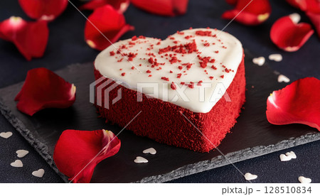 heart shaped red velvet cake with cream cheese frosting slate board, surrounded by rose petals, evokes romance and sweetness 128510834