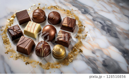 Artisan cho tes arranged on marble surface with golden accents, creating elegant display 128510856