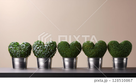 Heart shaped plants in metallic planters create charming display against neutral background, evoking sense of love and nature 128510867