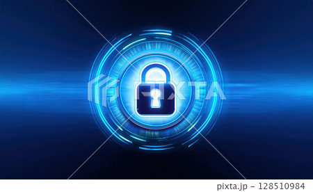 glowing lock symbol representing cybersecurity on blue gradient background glowing lock symbol representing cybersecurity on blue gradient background 128510984