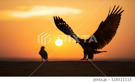 small bird and eagle silhouette at sunset, symbolizing transformation and freedom 128511113