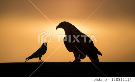 small bird and eagle silhouette against sunset, symbolizing transformation and growth 128511114