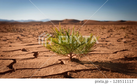 small plant thriving in arid desert soil, symbolizing strength and survival 128511117