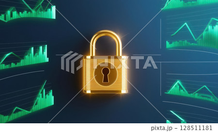 glowing lock icon surrounded by transaction graphs on digital background 128511181