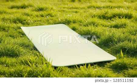 serene yoga mat laid out in grassy field with soft sunlight, symbolizing harmony and mindfulness 128511192