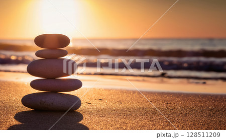 balanced stack of smooth stones on beach at sunset symbolizes harmony and tranquility 128511209