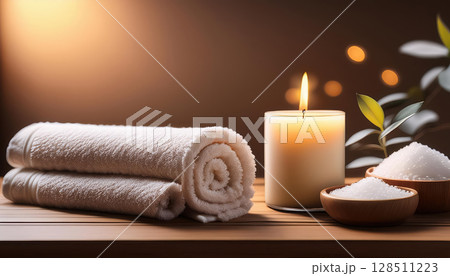 Soft towels, candle, bath salts, and greenery arranged in serene spa setting symbolize relaxation and tranquility Soft towels, candle, bath salts, and greenery arranged in serene spa setting symbolize relaxation and tranquility 128511223