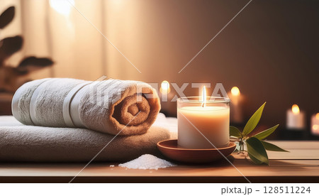 Soft towels, candle, bath salts, and greenery arranged in spa like setting symbolize relaxation and tranquility Soft towels, candle, bath salts, and greenery arranged in spa like setting symbolize relaxation and tranquility 128511224