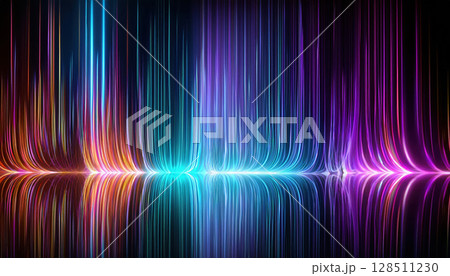 Dynamic glowing lines in vibrant neon colors reflecting on dark surface 128511230