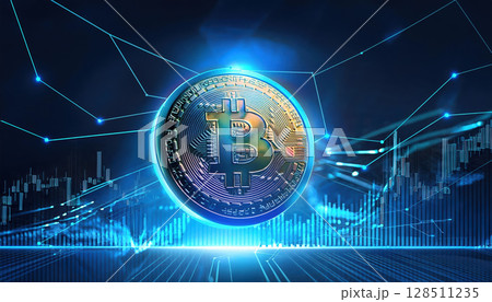 Futuristic glowing cryptocurrency token with fluctuating asset trends 128511235
