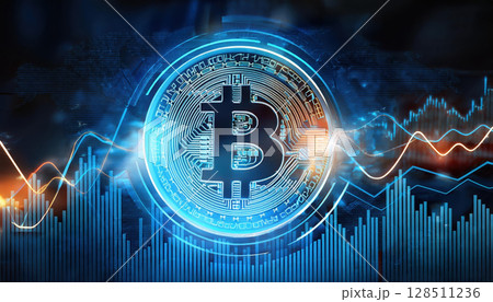 Futuristic digital currency symbol with fluctuating asset trends Futuristic digital currency symbol with fluctuating asset trends 128511236