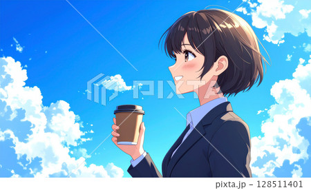 コーヒーを飲む20代の日本人OL　ビジネス 128511401