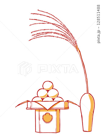 三方に盛り付けたお月見団子と白磁の一輪挿しの芒のお供え　筆描き・2色塗り 128511488