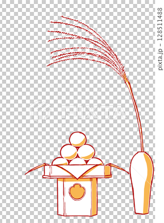 三方に盛り付けたお月見団子と白磁の一輪挿しの芒のお供え　筆描き・2色塗り 128511488