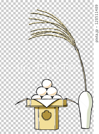 三方に盛り付けたお月見団子と白磁の一輪挿しの芒のお供え　筆描き・マット塗り 128511489