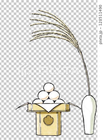 Moon-viewing rice dumplings arranged on three sides and an offering of pampas grass in a white porcelain vase, woodblock style 128511490