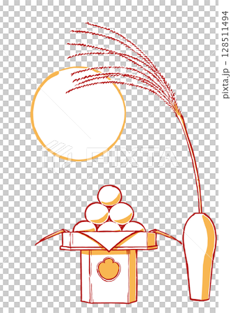 A full moon over a white porcelain vase with offerings of pears and moon-viewing dumplings arranged on three sides. Brush-drawn and painted in two colors. 128511494