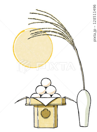 三方に盛り付けたお月見団子と白磁の一輪挿しの芒のお供え越しに満月 版画風 三方に盛り付けたお月見団子と白磁の一輪挿しの芒のお供え越しに満月 版画風 128511496