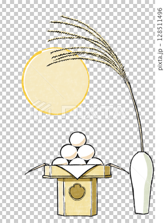 三方に盛り付けたお月見団子と白磁の一輪挿しの芒のお供え越しに満月 版画風 三方に盛り付けたお月見団子と白磁の一輪挿しの芒のお供え越しに満月 版画風 128511496