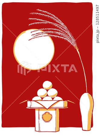 三方に盛り付けたお月見団子と白磁の一輪挿しの芒のお供え越しに満月・背景有り 筆描き・2色塗り 三方に盛り付けたお月見団子と白磁の一輪挿しの芒のお供え越しに満月・背景有り 筆描き・2色塗り 128511497