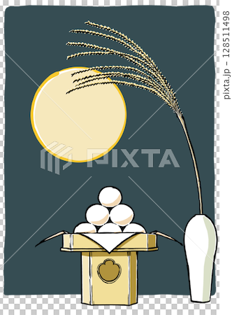 Moon-viewing dumplings arranged on three sides and a white porcelain vase with a full moon over it, with a background. Brush-drawn and matte-painted 128511498