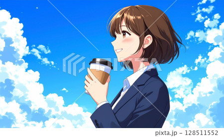 コーヒーを飲む20代の日本人OL　ビジネス 128511552