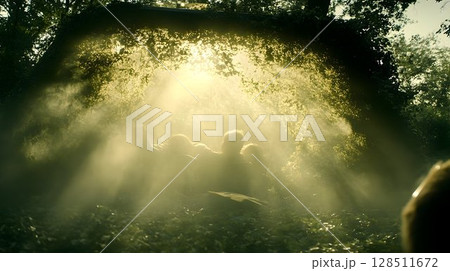 Sunlit forest path misty figures and golden light rays Sunlit forest path misty figures and golden light rays 128511672