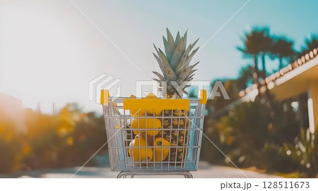 Fresh pineapple and lemons in shopping cart sunny outdoors Fresh pineapple and lemons in shopping cart sunny outdoors 128511673