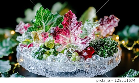 Frozen fruit and leaves in glass bowl vibrant colors icy texture Frozen fruit and leaves in glass bowl vibrant colors icy texture 128511674
