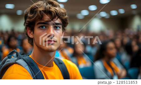 Young man attending lecture focused and attentive student in crowd 128511853