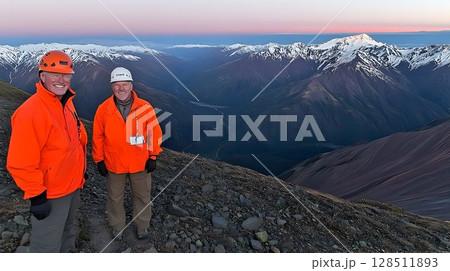 Majestic mountain sunrise two adventurers on a scenic peak 128511893