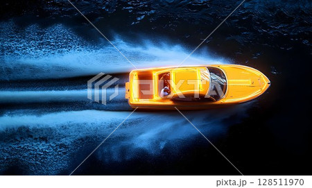 Fast yellow toy boat speeding on water top down view 128511970