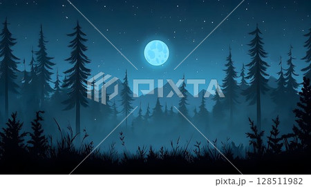 Night forest landscape with full moon dark trees and mountains 128511982