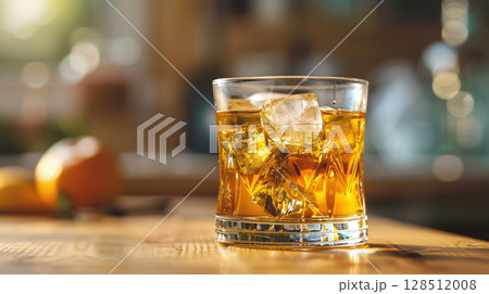 日差しに照らされた氷入りの冷たい飲み物と木製テーブルの温もり 128512008