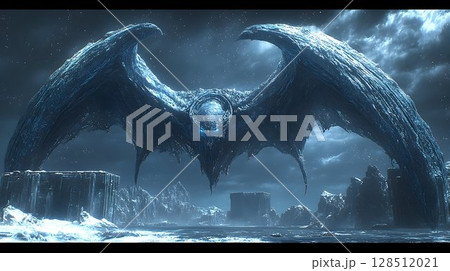 Fantasy ice creature with large wings dark body glowing eyes 128512021
