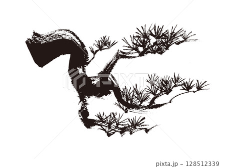 松の和風手書き筆イラスト　墨絵モノクロ 128512339