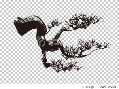 松の和風手書き筆イラスト　墨絵モノクロ 128512339