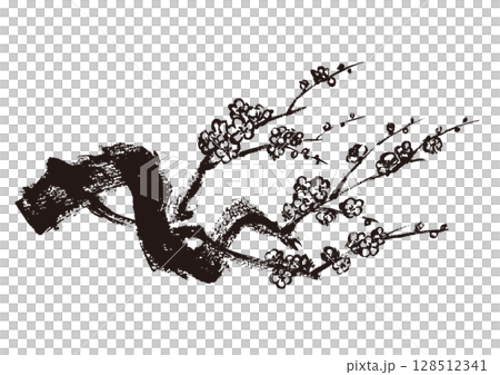 Japanese-style hand-drawn illustration of plum blossoms, monochrome ink painting 128512341