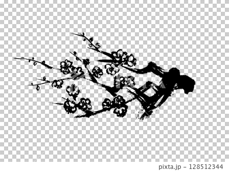 日式手繪梅花插圖，單色墨水畫 128512344