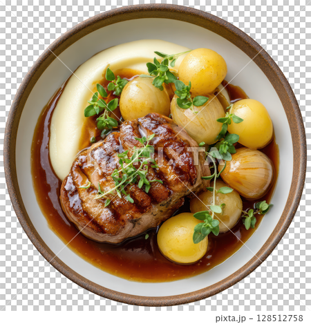 Braised pork shoulder tender with cider glaze served with smoked potato puree, glazed baby apples, and fresh micro sage garnish 128512758