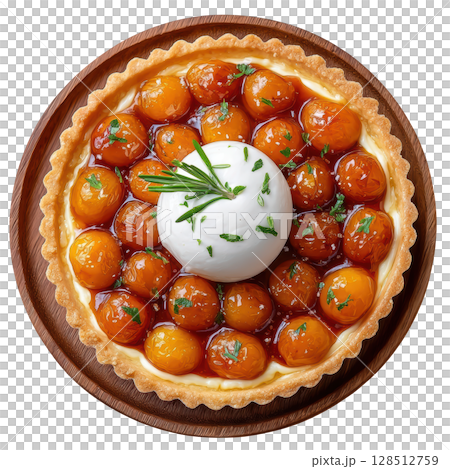Apricot and Rosemary Tart with Roasted Apricots in Glaze on Crisp Pastry Base Topped with Mascarpone and Rosemary 128512759