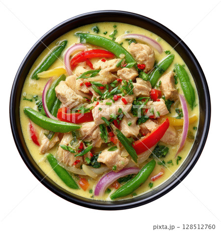 Delicious Thai Green Curry with Chicken and Fresh Vegetables in a Rich and Spicy Coconut Sauce 128512760