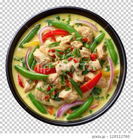 Delicious Thai Green Curry with Chicken and Fresh Vegetables in a Rich and Spicy Coconut Sauce 128512760