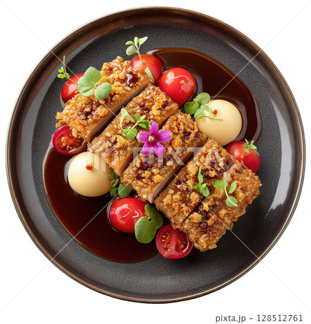 Crispy Duck Skin with Golden Crackling on Smoked Plum Puree and Glazed Radishes Garnished with Micro Blossom 128512761