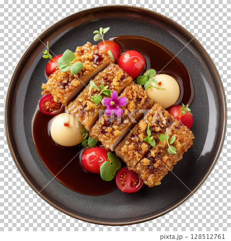 Crispy Duck Skin with Golden Crackling on Smoked Plum Puree and Glazed Radishes Garnished with Micro Blossom 128512761