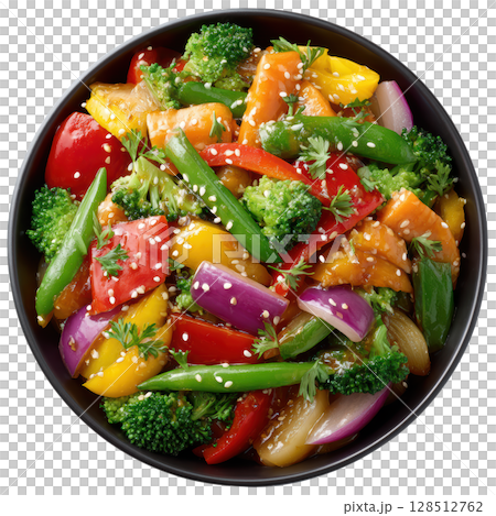 Colorful Sauteed Vegetables in Soy Sauce with Broccoli, Peppers, and Carrots for Healthy Meal 128512762
