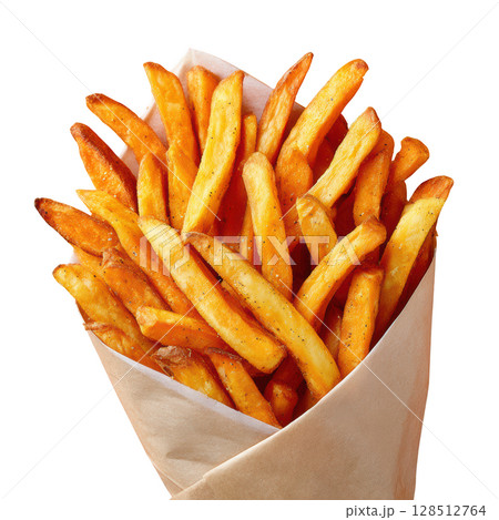 Crispy Sweet Potato Fries with Seasoning in a Paper Cone Ready to Enjoy Freshly Served 128512764