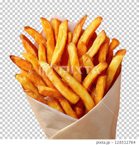 Crispy Sweet Potato Fries with Seasoning in a Paper Cone Ready to Enjoy Freshly Served 128512764