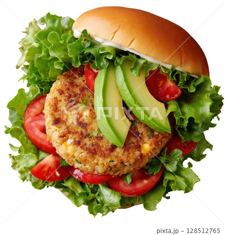 Delicious Veggie Burger with Fresh Lettuce, Tomato, and Creamy Avocado in a Soft Bun 128512765