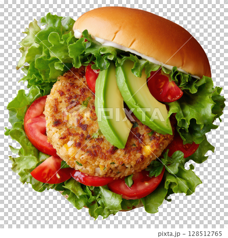 Delicious Veggie Burger with Fresh Lettuce, Tomato, and Creamy Avocado in a Soft Bun 128512765